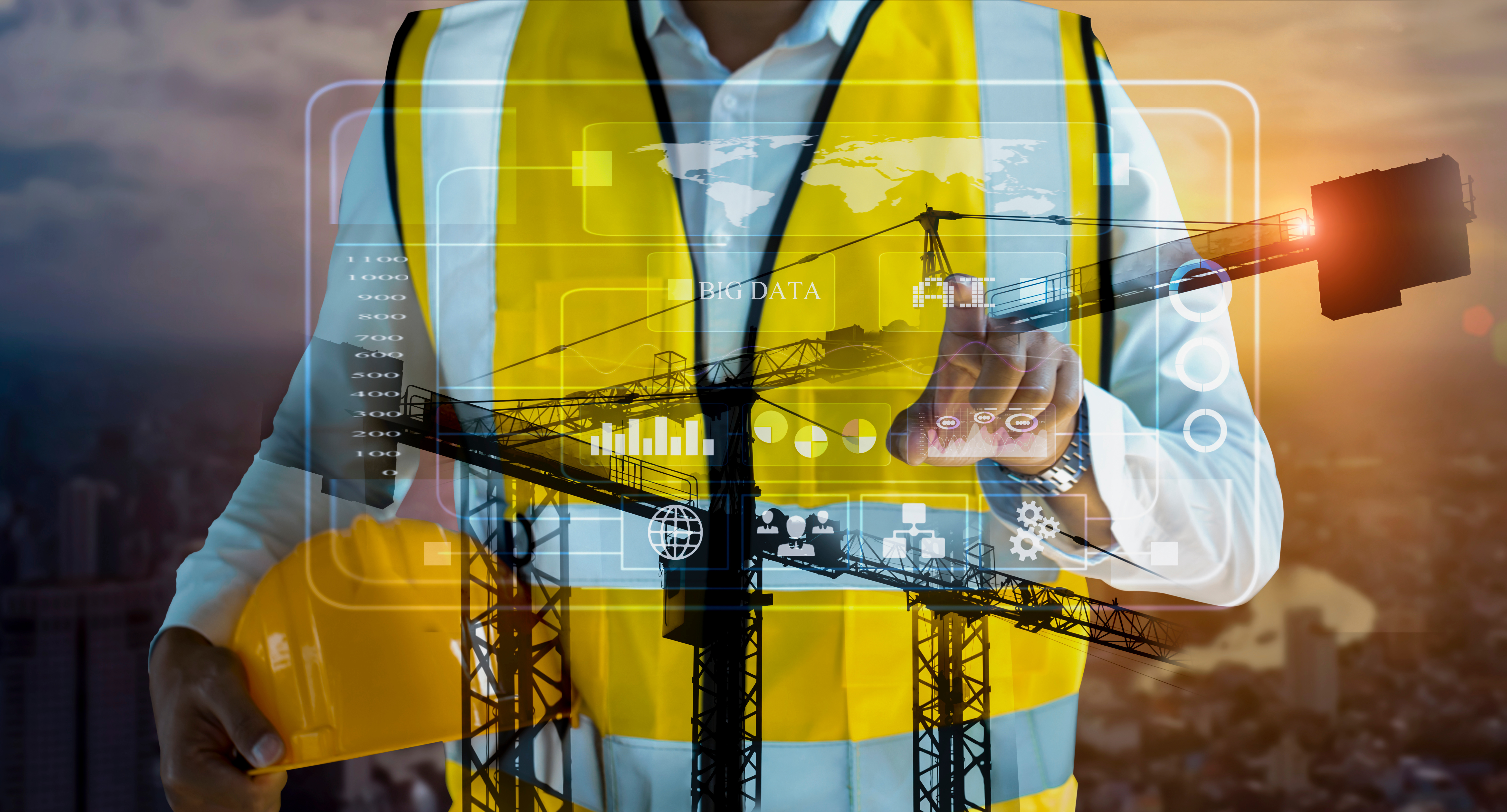 Construction worker analyzing digital data with technology overlay and cranes