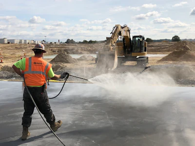 Construction worker using water spray near excavator on dusty job site