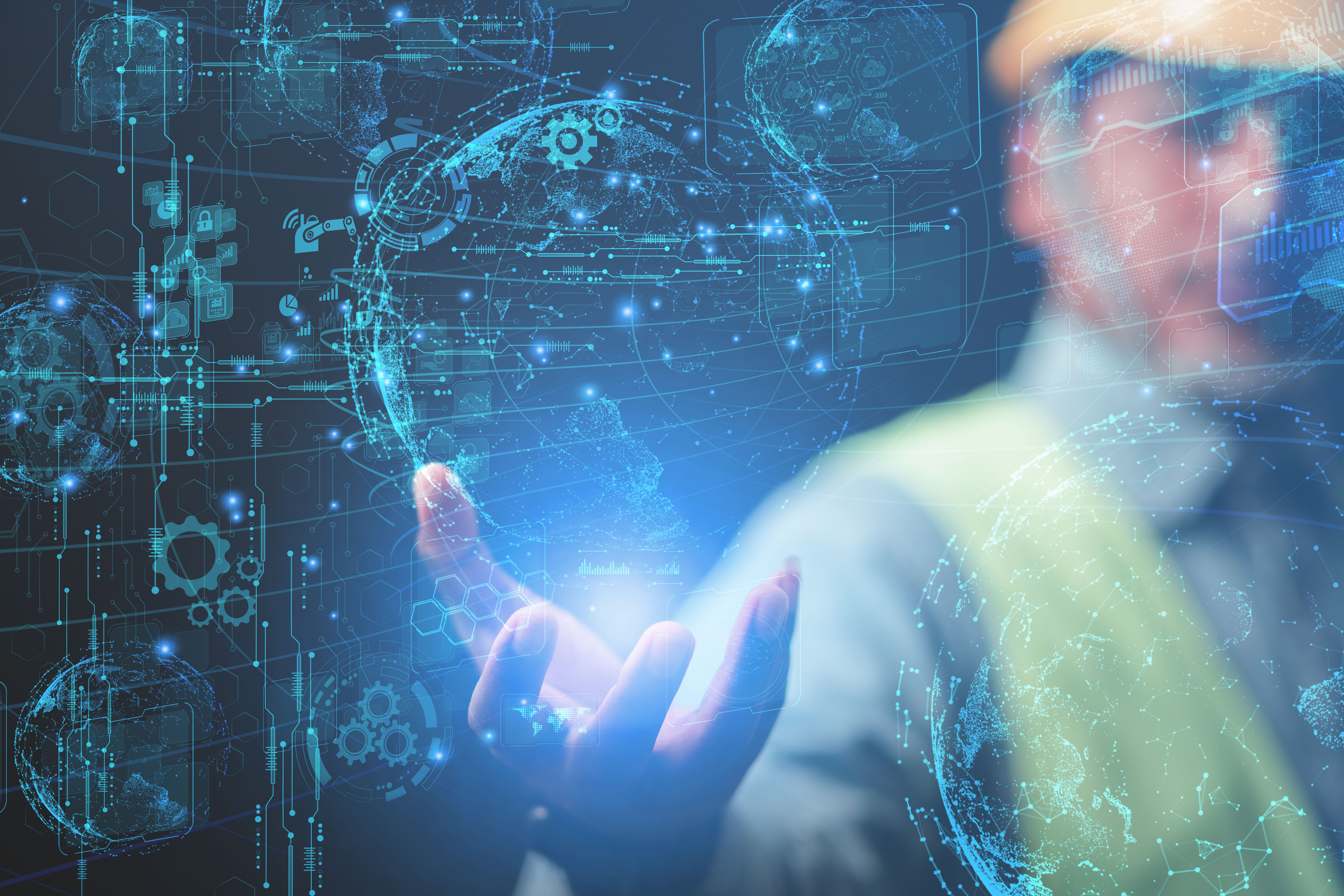 Digital visualization of human silhouette interacting with technological holographic interface