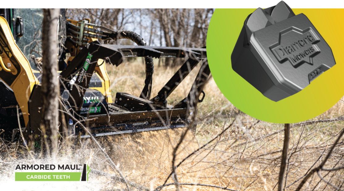 Forestry mulcher with armored carbide teeth clearing wooded terrain