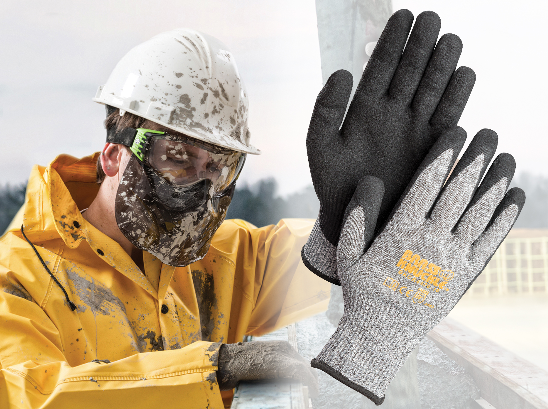 Construction worker in yellow jacket and safety gloves, wearing protective helmet and mask