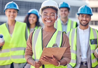 Smiling construction team in safety vests and hard hats at worksite