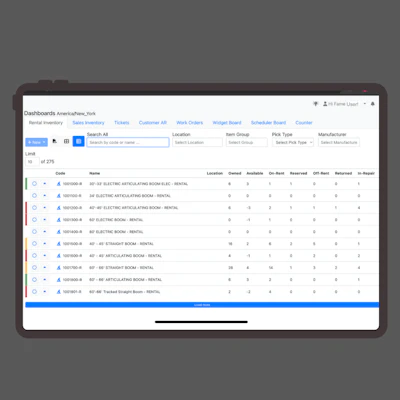 Equipment rental inventory management dashboard showing vehicle details and status