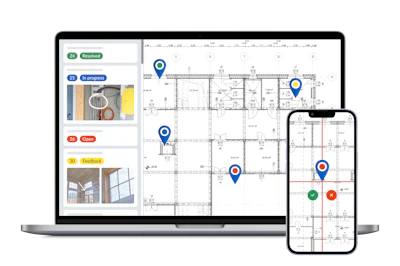 Construction project management software dashboard with floor plans and mobile tracking interface