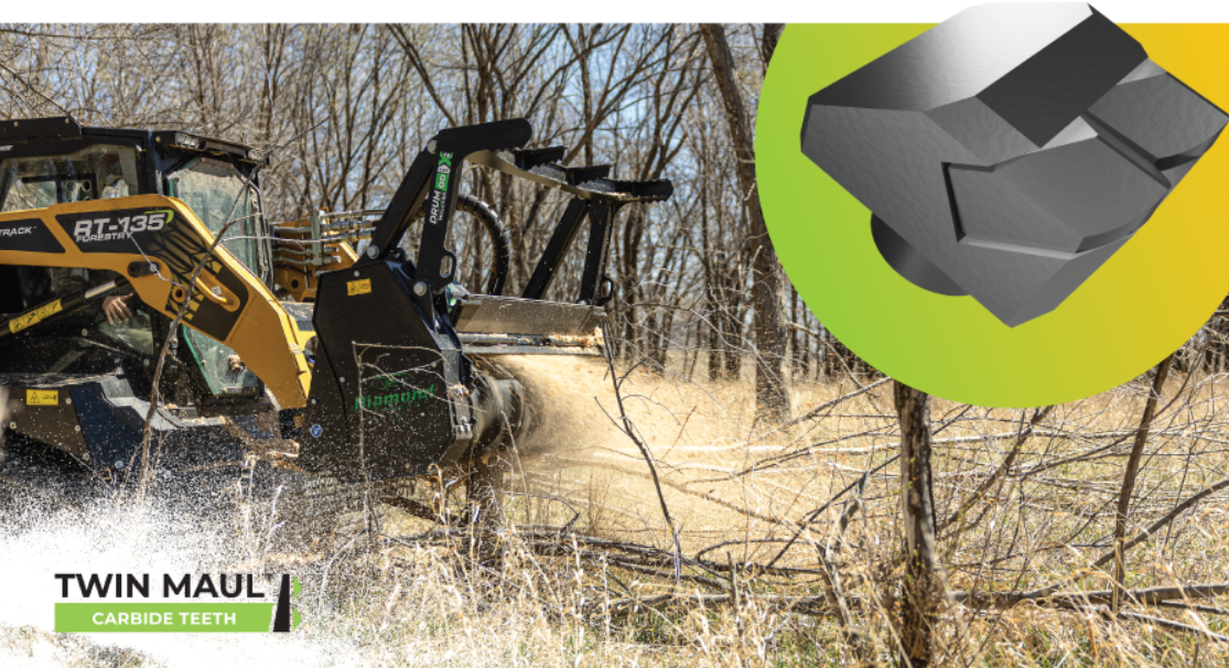 Yellow construction machine clearing brush in wooded area with dust flying