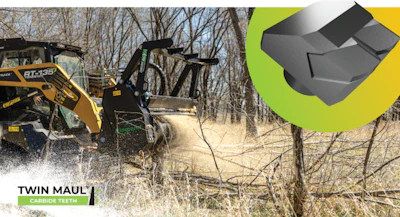 Yellow construction machine clearing brush in wooded area with dust flying