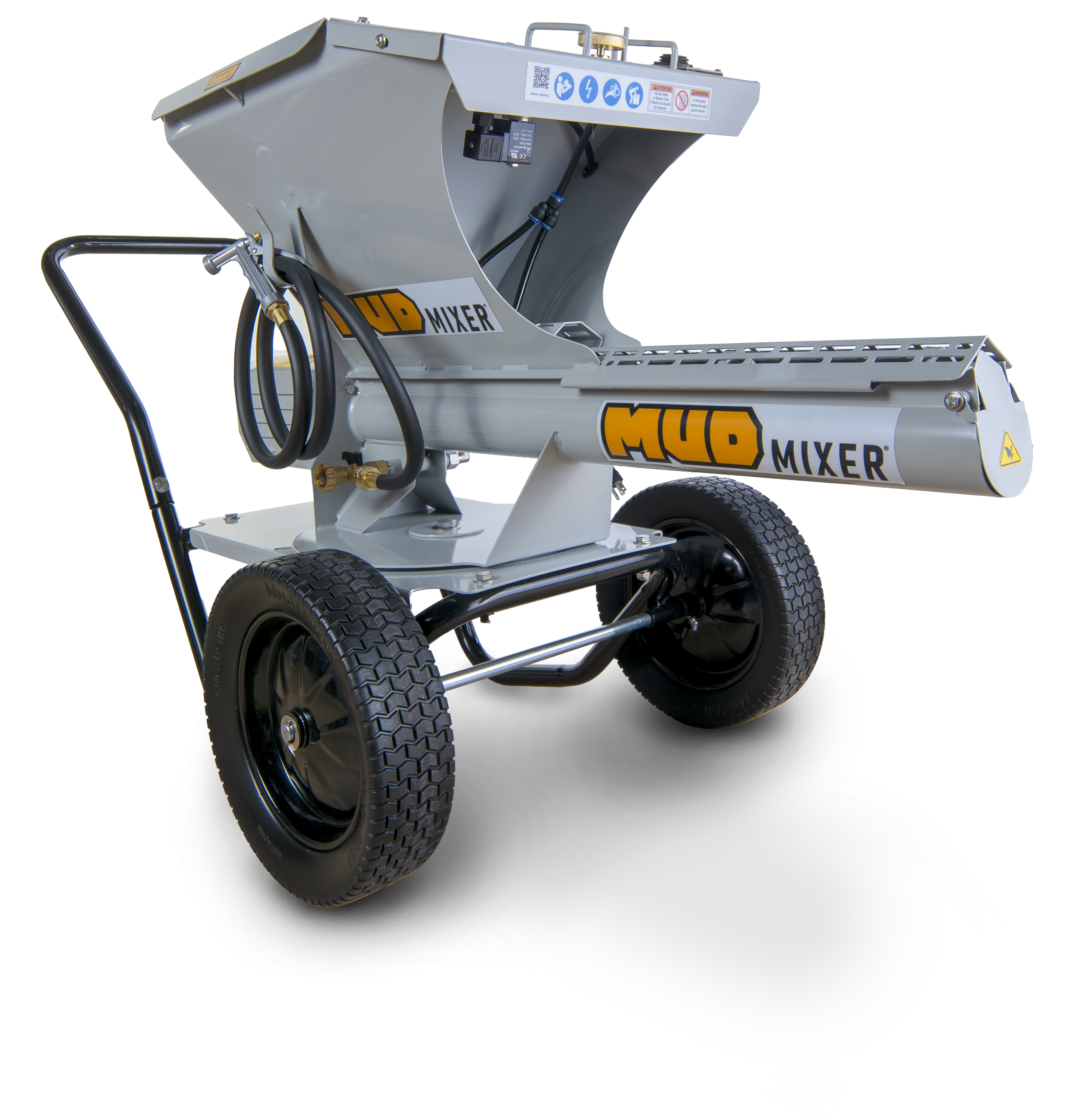 Grey industrial Mud Mixer machine with large wheels and hopper, featuring yellow branding on its cylindrical mixing chamber