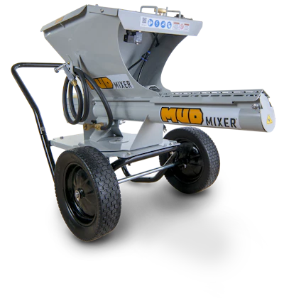 Grey industrial Mud Mixer machine with large wheels and hopper, featuring yellow branding on its cylindrical mixing chamber