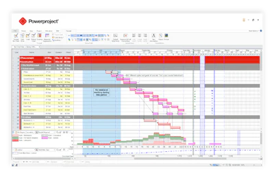 Powerproject software Gantt chart displaying detailed project timeline and task scheduling