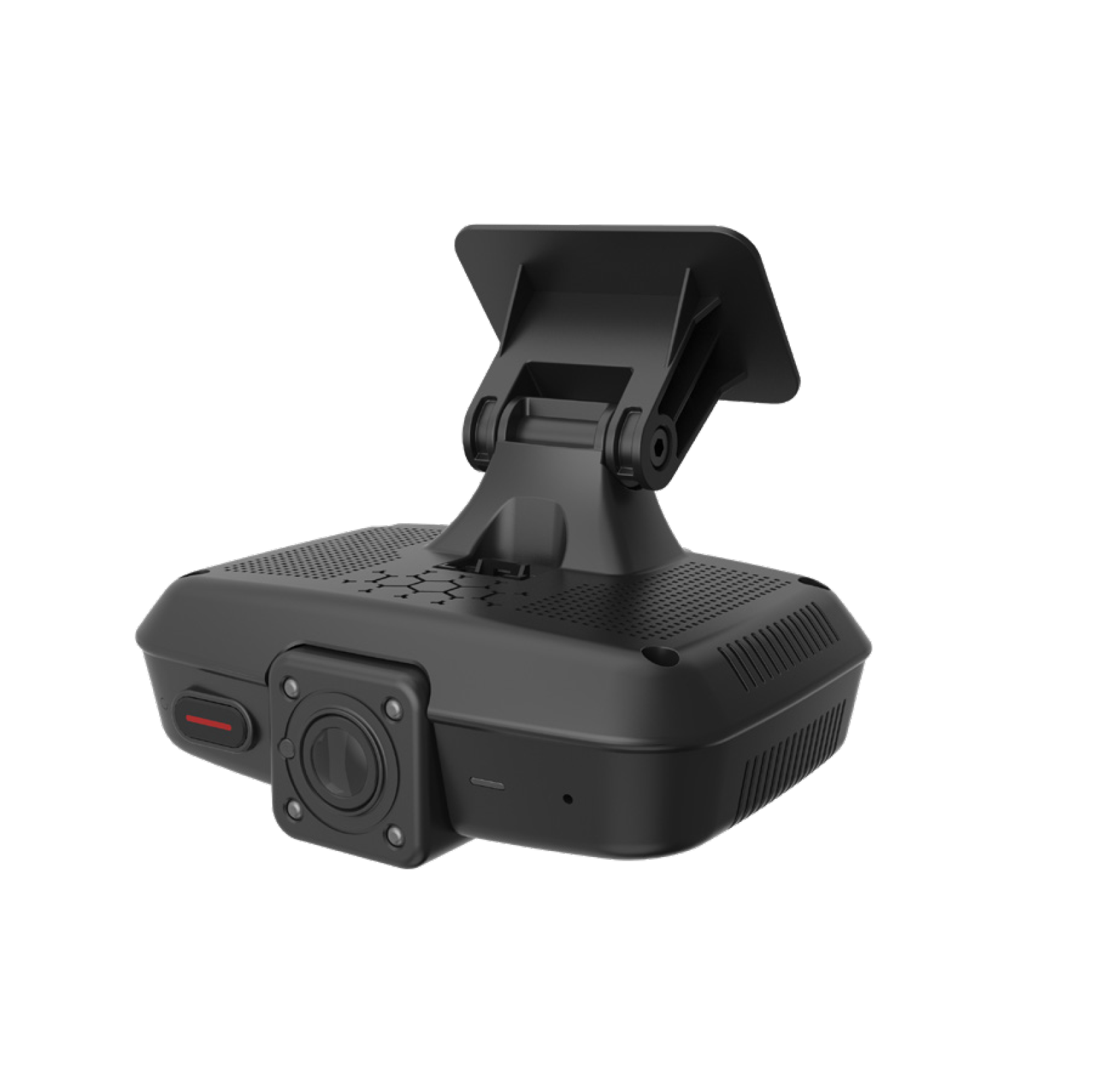 Black dashboard camera with adjustable mounting bracket and lens