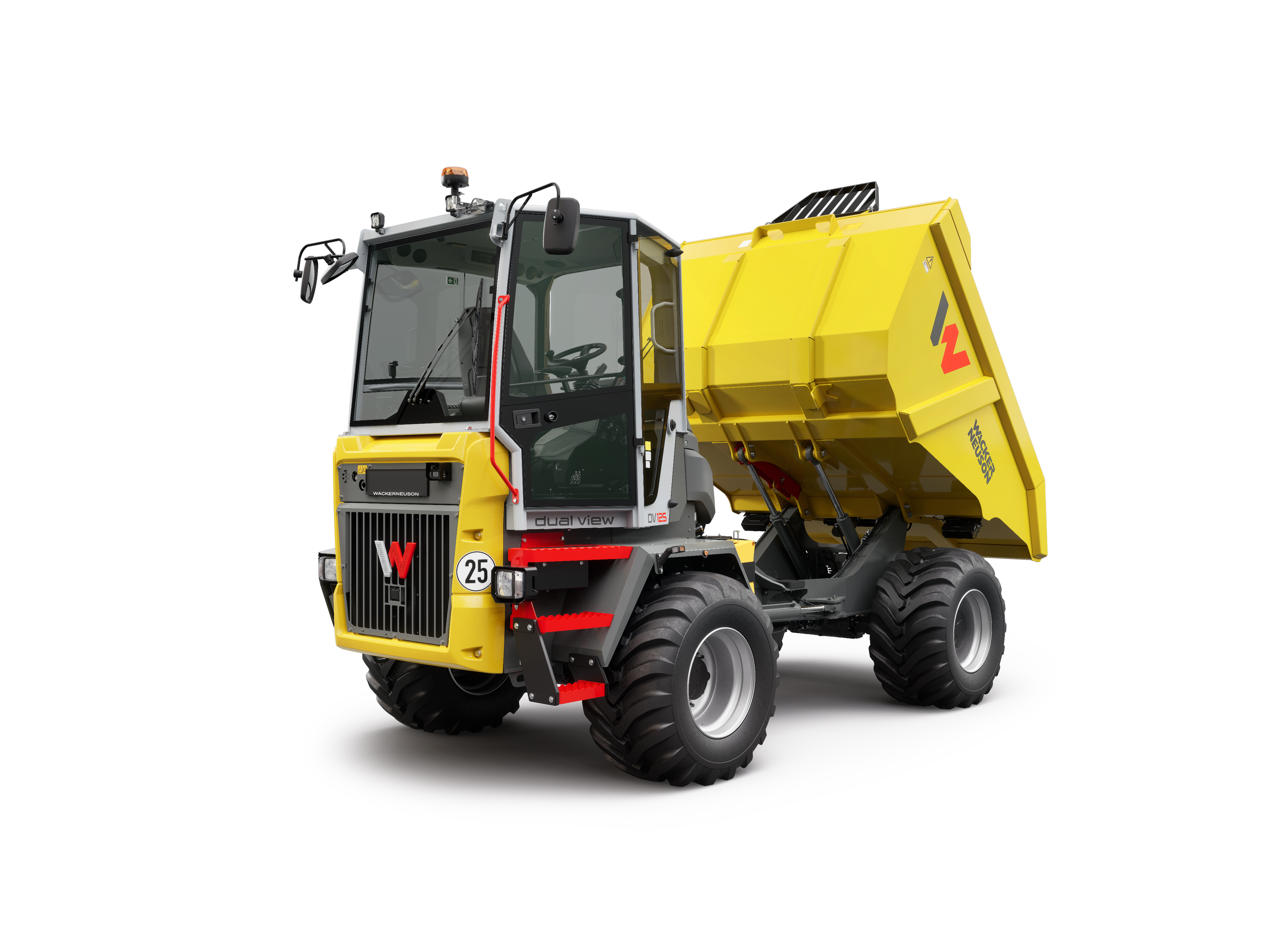 Yellow industrial dump truck with enclosed cabin on white background