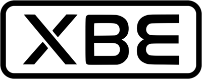 XBE logo: Bold black letters in rectangular frame