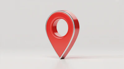 Red 3D location pin icon on light background