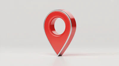 Red 3D location pin icon on light background