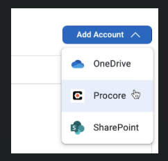 Cloud account connection menu with OneDrive, Procore, and SharePoint options