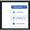 Cloud account connection menu with OneDrive, Procore, and SharePoint options