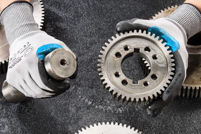 Industrial metal gears with blue-tipped work gloves on textured surface