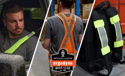 Ergodyne safety gear: workers wearing high-visibility safety vests and backpacks