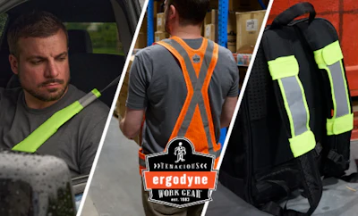 Ergodyne safety gear: workers wearing high-visibility safety vests and backpacks