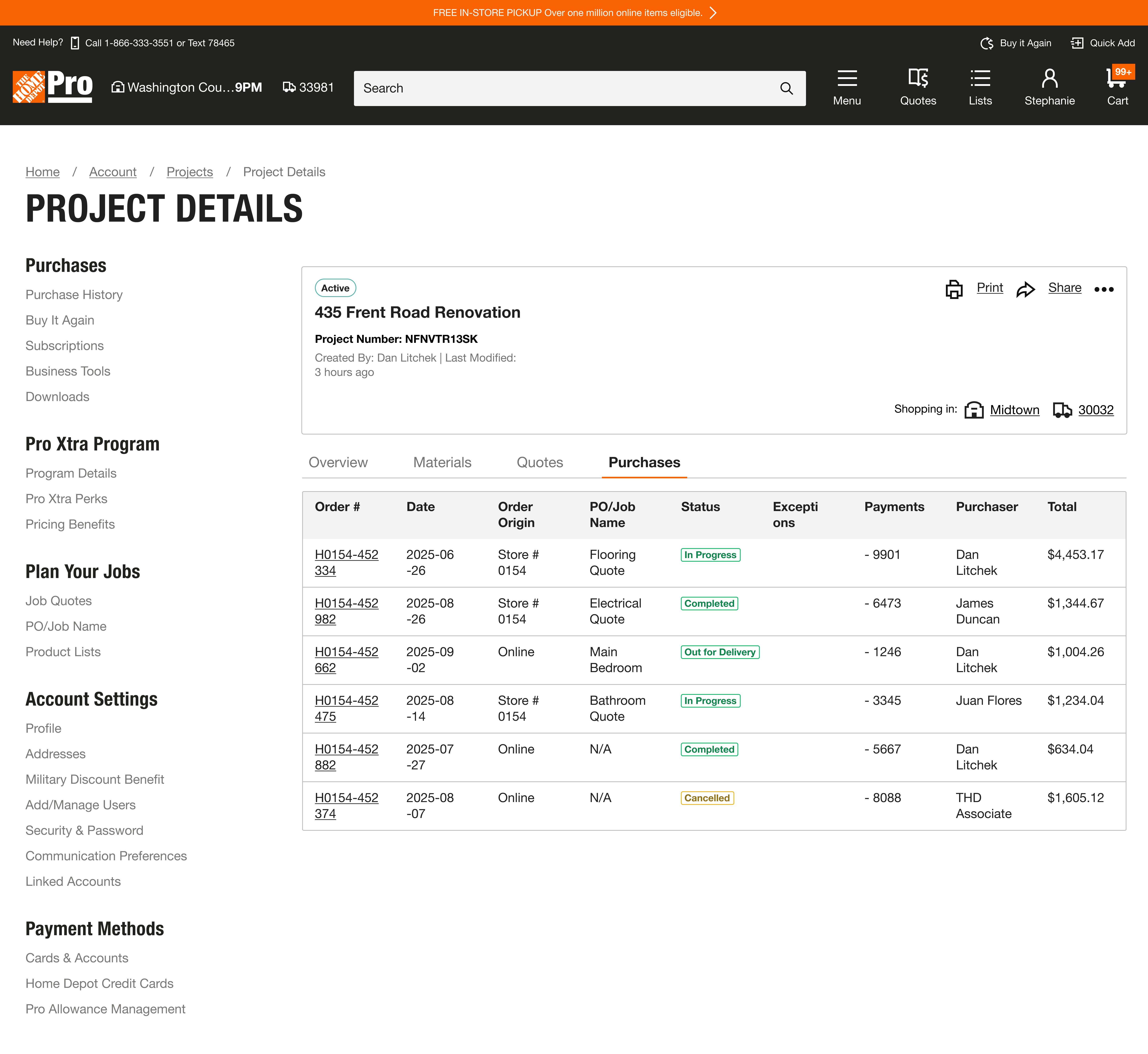 Home Depot Pro project details dashboard showing renovation purchase orders