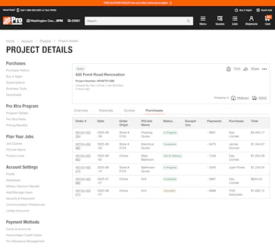 Home Depot Pro project details dashboard showing renovation purchase orders