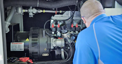 Technician inspecting industrial electrical generator with complex mechanical components
