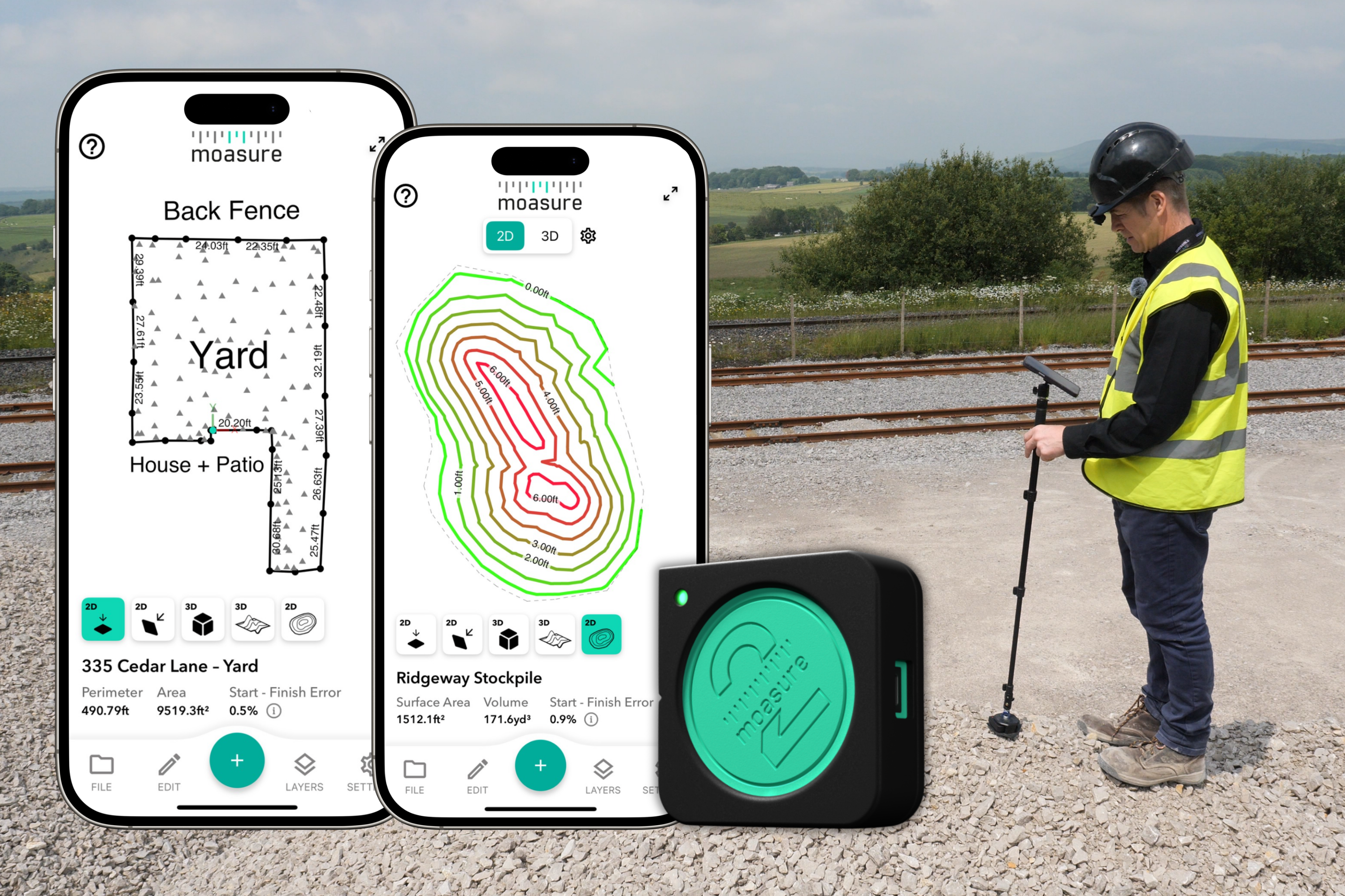 Land surveyor using mobile app and measurement device near railway tracks