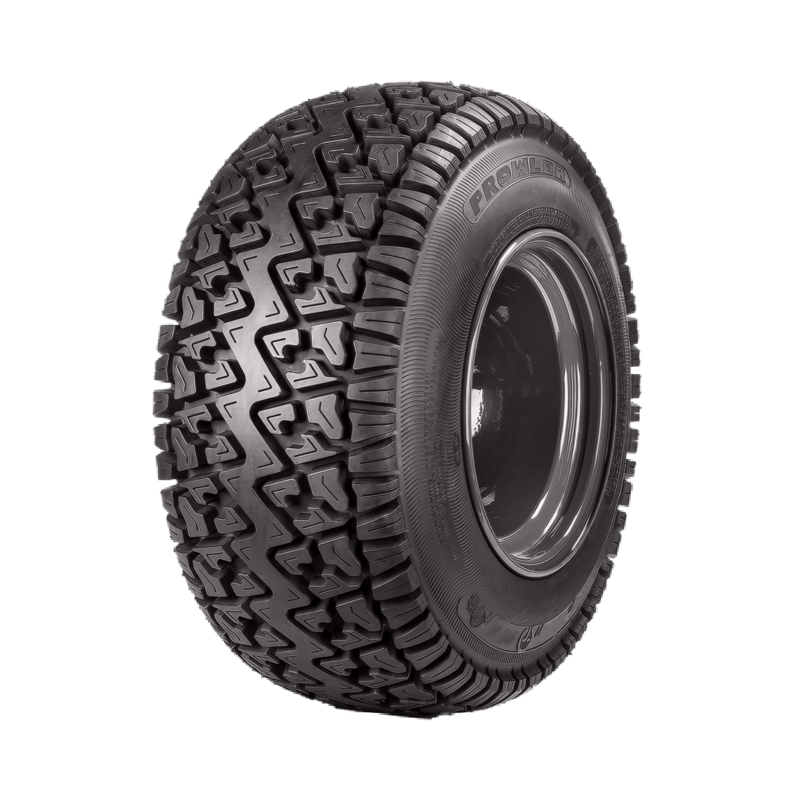Off-road tire with aggressive tread pattern and black metal rim
