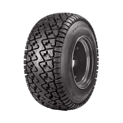 Off-road tire with aggressive tread pattern and black metal rim