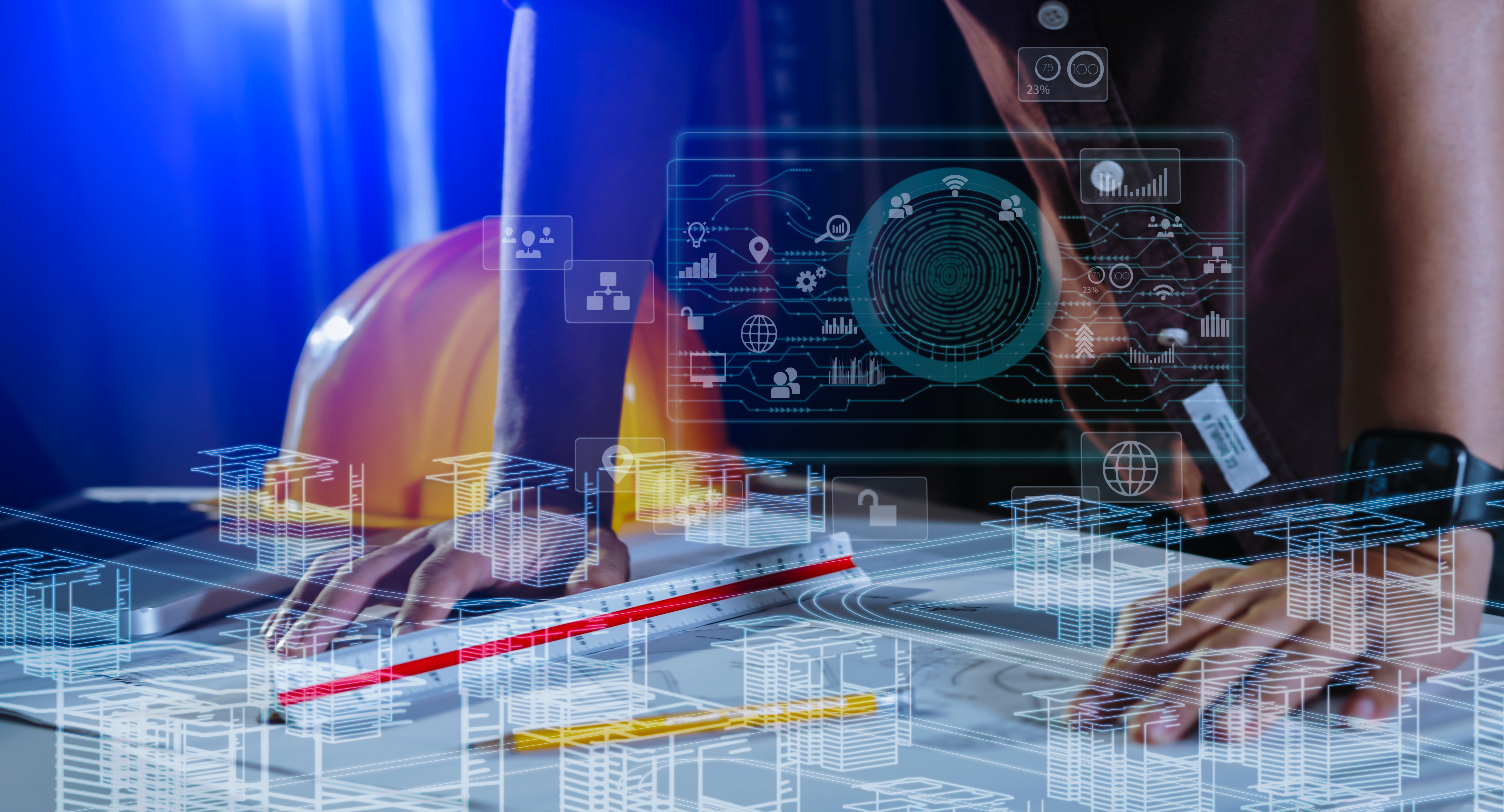Digital technology interface with holographic data visualization and network graphics