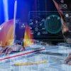 Digital technology interface with holographic data visualization and network graphics