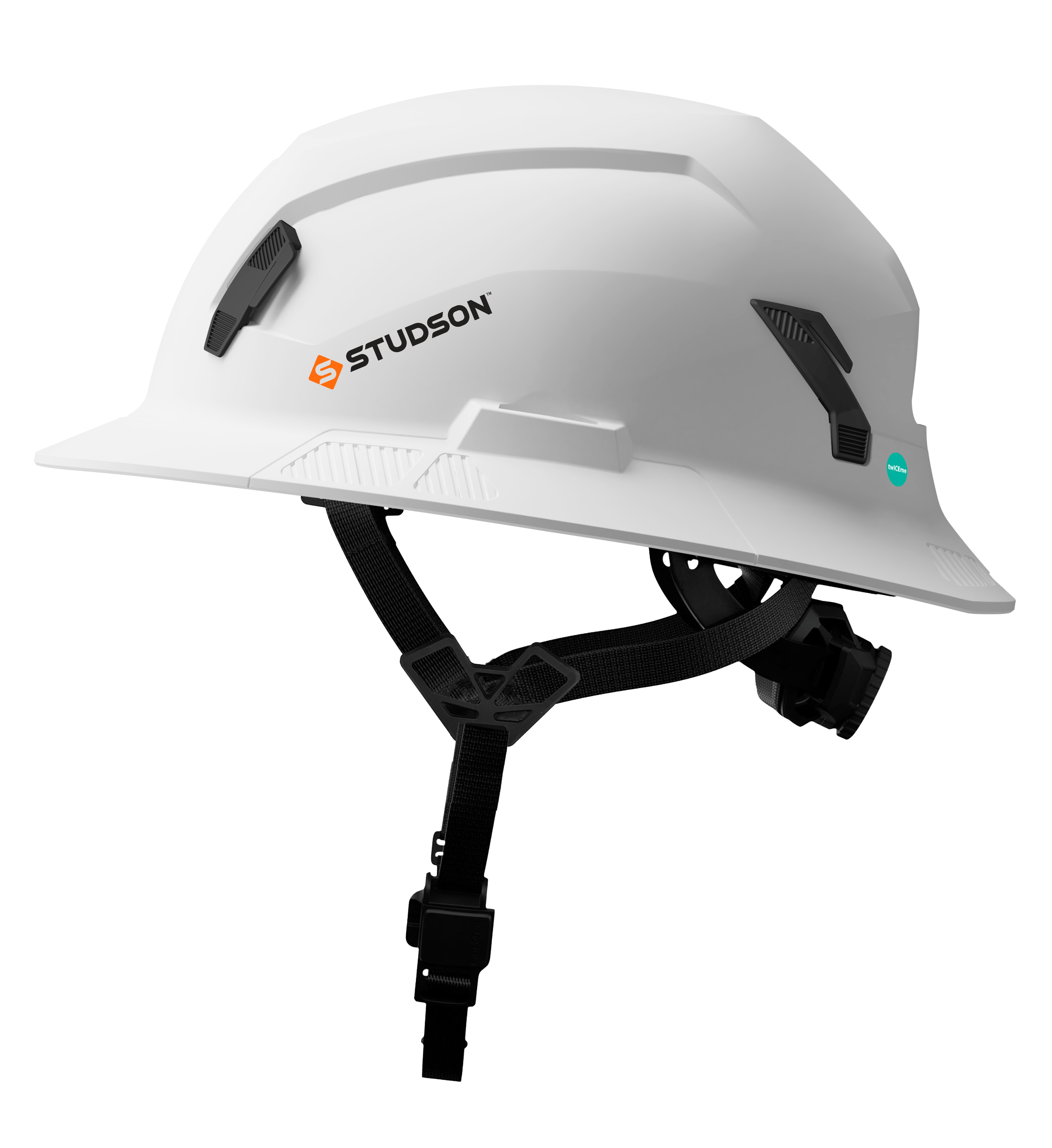 White Studson industrial safety helmet with black adjustable chin strap