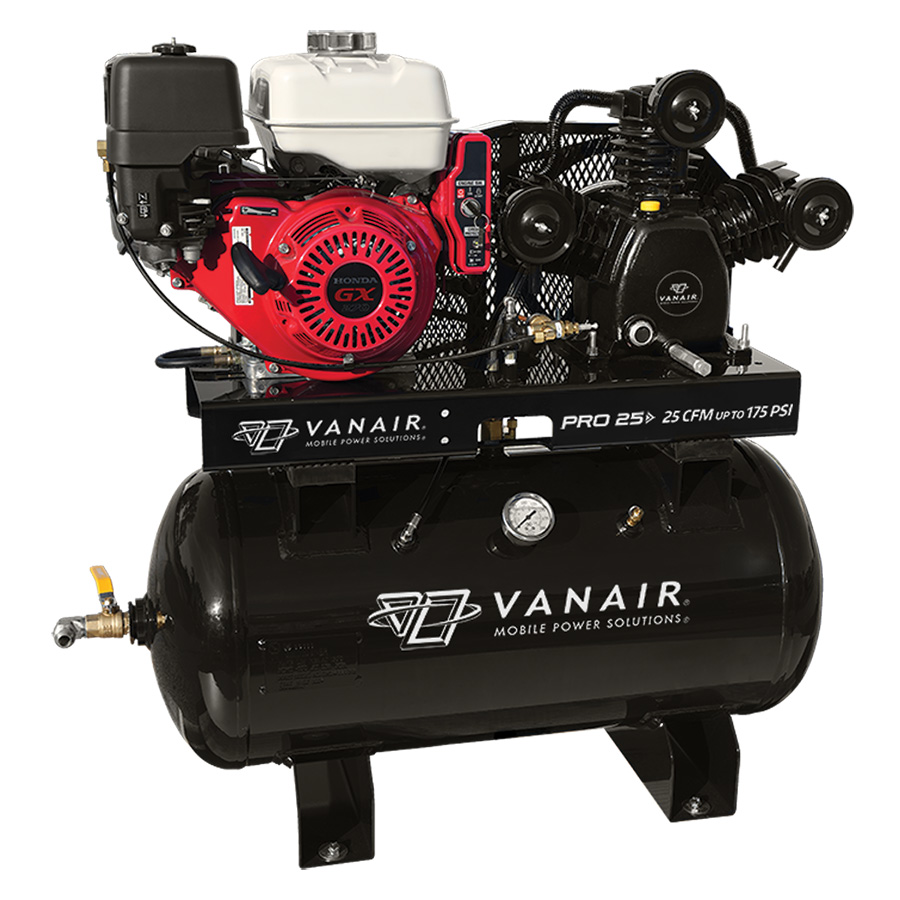 Vanair gas-powered industrial air compressor with red engine and black tank