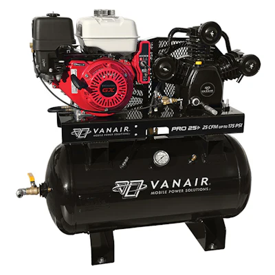 Vanair gas-powered industrial air compressor with red engine and black tank
