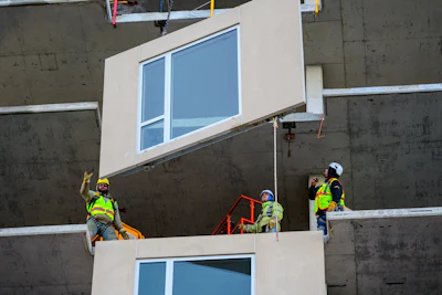 Construction workers in safety gear installing windows on concrete building