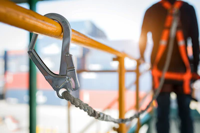 Construction safety equipment: carabiner hook on yellow railing with worker in background