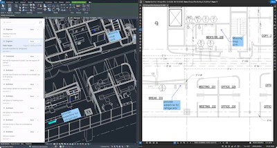 Technical architectural CAD drawings of building floor plans on dual computer screens