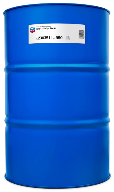 Blue Chevron industrial drum with Clarity EliteSyn AW 46 lubricant label