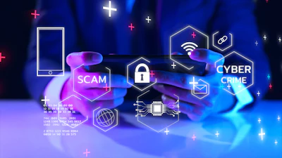 Digital hands holding cybersecurity icons showing scam and cyber crime risks