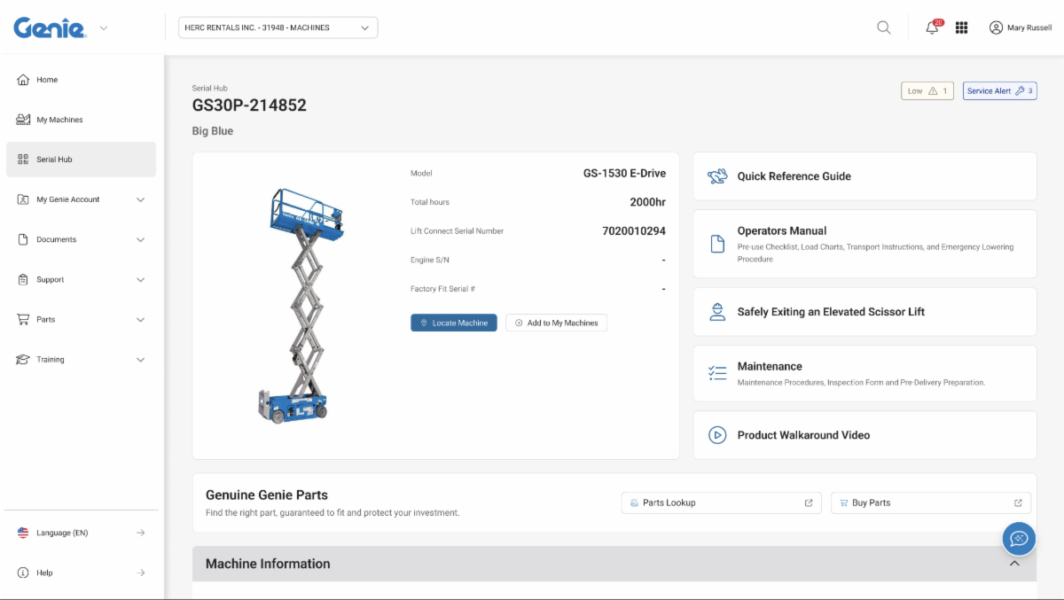 Genie GS30P scissor lift machine product details page with technical specifications
