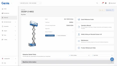 Genie GS30P scissor lift machine product details page with technical specifications