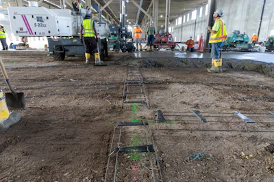 Construction workers laying rebar on concrete floor with heavy machinery in background