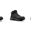 Three rugged hiking boots in brown and gray tones side by side