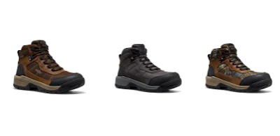 Three rugged hiking boots in brown and gray tones side by side