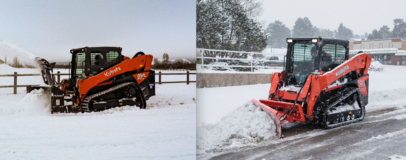 Red Kubota skid-steer loader clearing snow on winter road and field