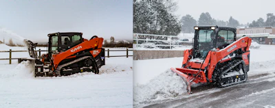 Red Kubota skid-steer loader clearing snow on winter road and field