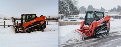 Red Kubota skid-steer loader clearing snow on winter road and field