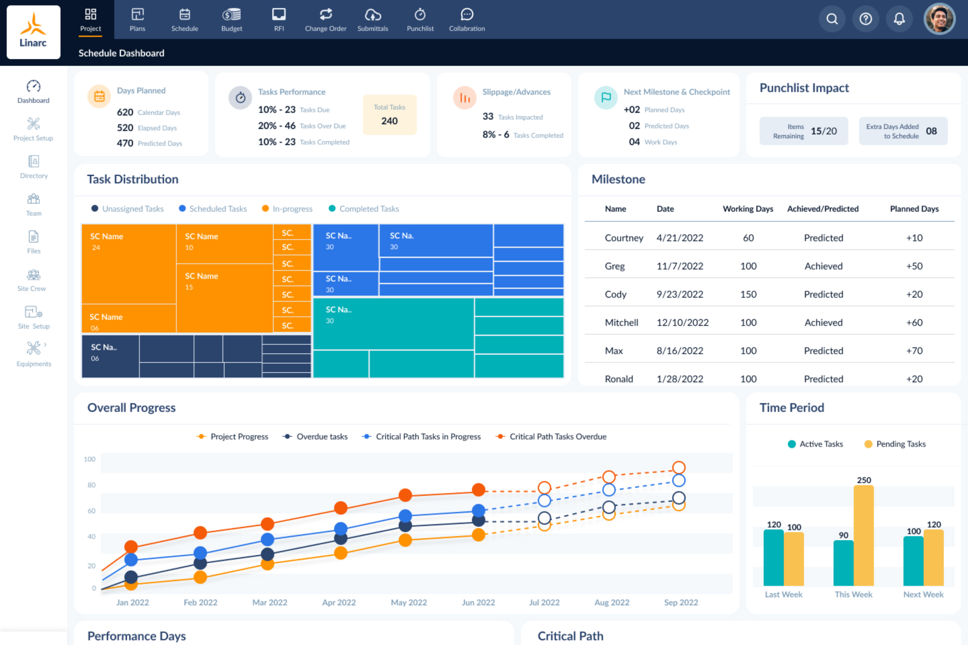 Project management dashboard showing task distribution, milestones, and performance metrics