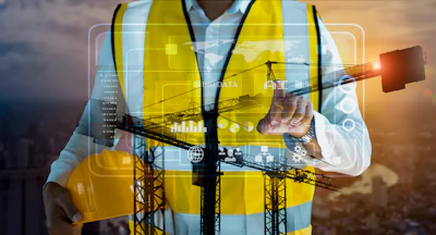 Construction worker analyzing digital data with cranes and technology interface