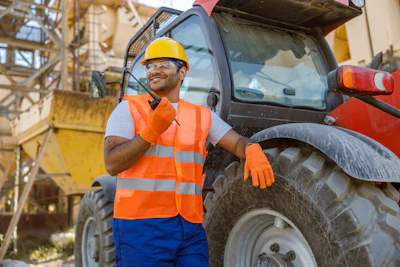 Construction worker in yellow hard hat and orange safety vest standing near red tractor